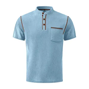 Men's light blue short sleeve Henley shirt featuring ribbed texture and stylish brown trim