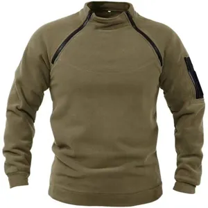 Military style olive green tactical fleece hoodie for men with dual neck zippers