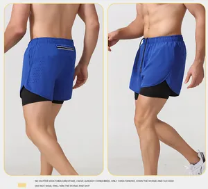 Men's blue 2-in-1 quick-dry running shorts showing front and back views for gym and fitness