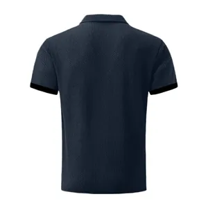 Back detail view of a men's navy blue ice silk waffle knit polo shirt with black sleeve cuffs.