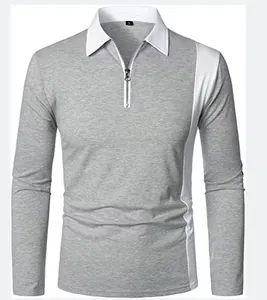Detail view of men's two-tone long-sleeve polo shirt with zip collar and white trim