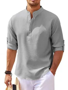 Men Casual Stand Collar Long Sleeve Henley Shirt Waffle Texture Half Button Polyester Top For Vacation Spring Autumn