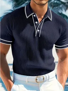 Men's Summer Short Sleeve Polo Shirt Contrast Trim Casual Breathable Knitted Ribbed Top Slim Fit Polo For Men
