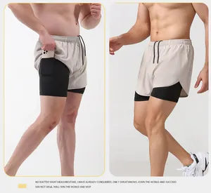Detailed view of breathable 2-in-1 men's running shorts with hidden phone pocket
