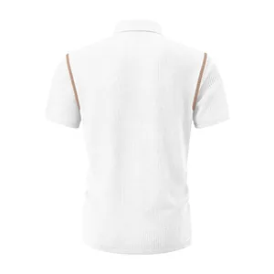 Back view of a white textured ice silk men's polo shirt with brown trim details.