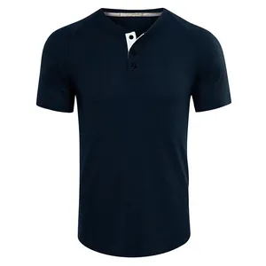 Macro detail of men's navy blue Henley shirt showing textured waffle knit fabric and buttons