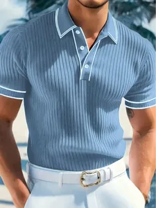 Casual men's short sleeve Polo shirt in blue featuring white contrast trim on collar