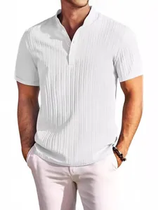 Men Henley Collar Short Sleeve Shirt Vertical Striped Texture Polyester Casual Sporty Top Breathable Patchwork Summer Shirt