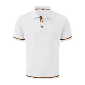 Polo elegante de punto de seda de hielo blanco para hombre con ribetes marrones