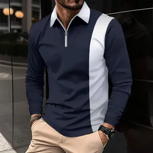 Men Long Sleeve Polo Shirt Contrast Color Block Splicing Top Quarter Zip Lapel Collar Slim Fit Breathable Polyester Top