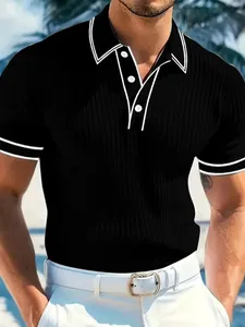 Men's summer black short-sleeved polo shirt with white contrast trim and ribbed texture