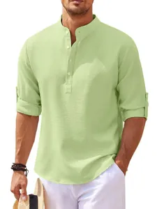 Men's light green long-sleeve casual shirt with mandarin collar and pineapple grid texture