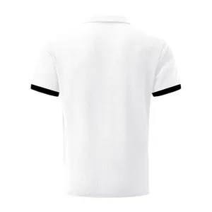 Back view of white textured ice silk polo shirt for men with black sleeve cuffs