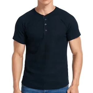 Close-up detail of men's casual short-sleeve waffle knit Henley shirt in navy blue