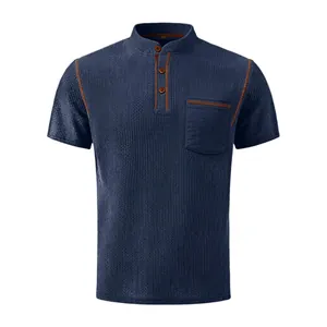 Navy blue textured short-sleeved Henley shirt for men featuring a chest pocket and button placket