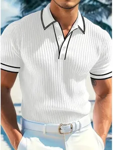 Men's white vertical striped short sleeve polo shirt with black contrast collar trim