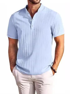 Casual light blue vertical striped short sleeve Henley shirt for men with stylish mandarin collar