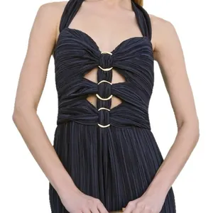 Elegant navy blue pleated halter evening dress with gold ring cutouts for formal events.