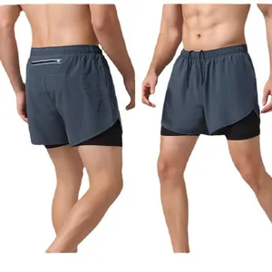 Double-layered men's quick-dry athletic shorts for running and fitness training, front back.