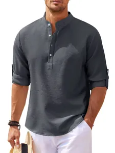 Men's waffle knit long sleeve henley shirt with stand collar and casual texture