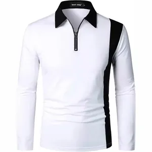 Men's long sleeve polo shirt with black and white color block design and zipper neck