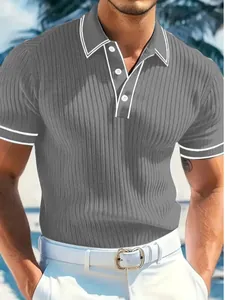 Slim fit gray ribbed polo shirt for men with white piping and breathable summer fabric.