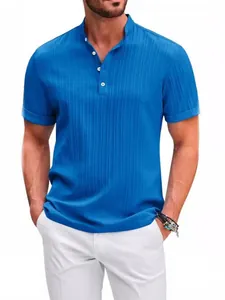 Men's blue striped Henley short sleeve shirt for casual and fashionable summer wear