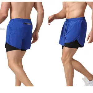 Men's breathable 2-in-1 running shorts with blue outer layer and black compression lining.