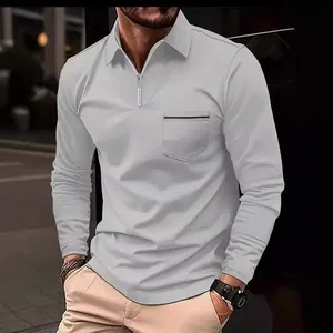 Men's long-sleeve polo shirt with zipper closure and chest pocket, light gray athletic top
