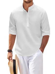 Classic men's white casual shirt featuring a stand collar and pineapple grid texture