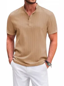 Casual men's khaki striped Henley short sleeve shirt with ribbed texture fabric