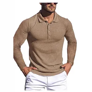 Herren Langarm-Poloshirt in Khaki mit Rippenmuster, schmale Passform für Sport