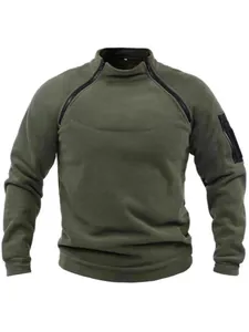 Tactical olive green fleece pullover for men with stand collar and dual shoulder zippers