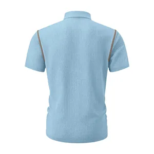 Back view of summer light blue men's ice silk polo shirt with ribbed texture and brown piping