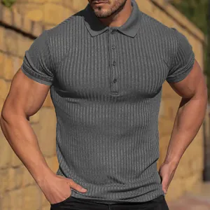 Athletic slim fit grey ribbed short sleeve polo shirt for men casual summer wear