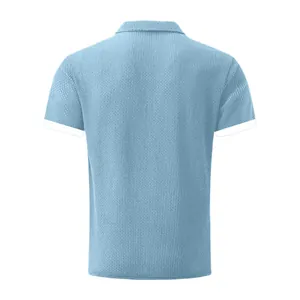 Back view of light blue ice silk polo shirt with waffle texture and white cuffs