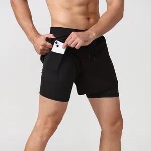 Men's 2-in-1 black athletic shorts with breathable quick-dry fabric and phone pocket