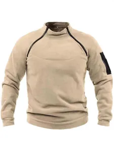 Men's khaki tactical fleece pullover featuring a stand collar and sleeve zipper pocket