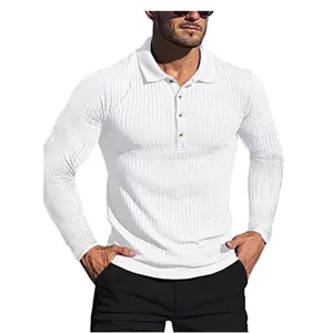 Figurbetontes weißes Herren-Langarm-Poloshirt mit sportlicher Rippstruktur