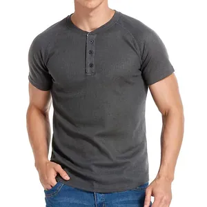 Men's dark grey waffle knit short sleeve Henley t-shirt featuring three-button placket