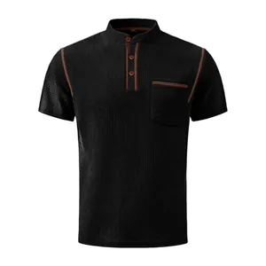 Detailed view of black breathable ice silk Henley shirt with orange contrast stitching