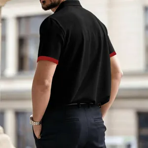 Back view of a breathable black men's ice silk polo shirt with stylish red cuffs.