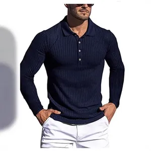 Eng anliegendes, marineblaues, geripptes Langarm-Poloshirt für Herren, ideal für Freizeit und Sport