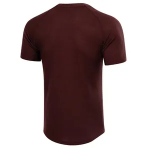 Back view of men's burgundy waffle-knit t-shirt with raglan sleeves and curved hem