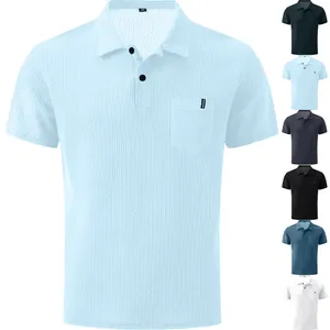 Polo da uomo in seta di ghiaccio a maniche corte con trama a nido d'ape e taschino sul petto