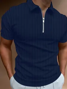 Men Slim Fit Zipper Polo Shirt Ribbed Texture Short Sleeve Casual Summer Top Breathable Iron-Free Polyester Spandex Polo
