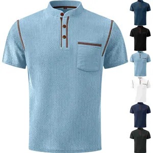 Detail view of breathable ice silk men's Henley shirt with textured fabric and pocket.
