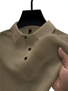 Men's khaki ice silk quick-dry polo shirt with premium textured fabric detail
