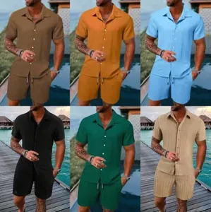 Six colors of men's summer casual short-sleeve shirts and shorts sets with ribbed texture