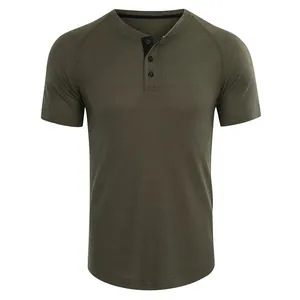 Detailed view of men's olive green short sleeve waffle knit Henley shirt texture